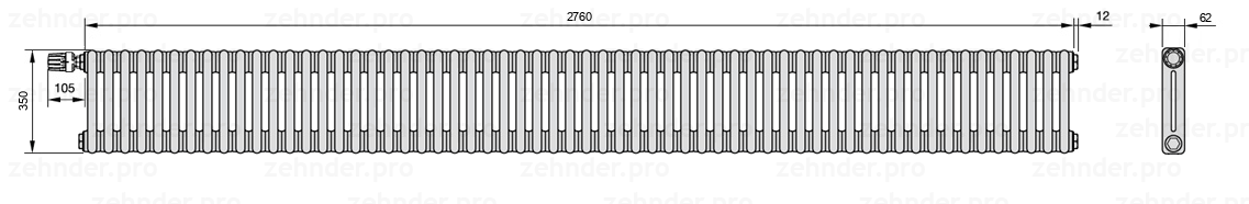 Схема (чертеж) Радиатор Zehnder Charleston 2035/60 №V012 Белый глянцевый RAL 9016